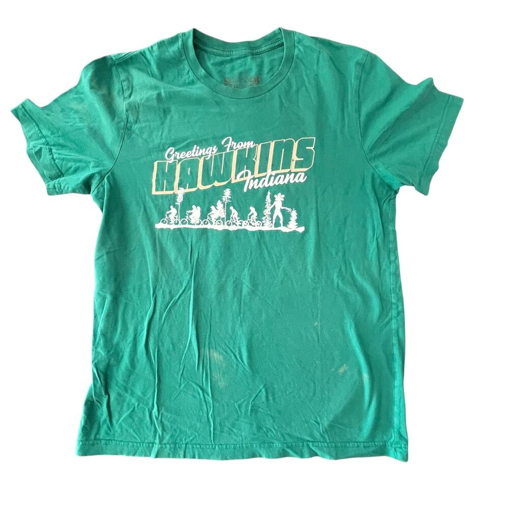 Stranger Things Hawkins Indiana Graphic Tee Shirt Mens Medium Green 80s Retro